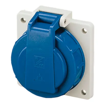 Schuko®-Anbausteckdose A2P+E, 230 V/16, eckiger Flansch, anscharnierter Bajonett-Verschlussdeckel